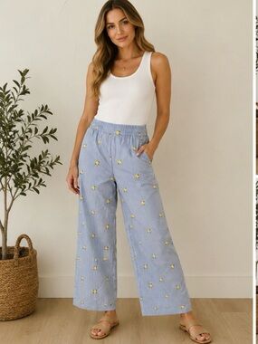 Nicole Miller Lemon Embroidered Stripe Wide Leg Cropped Pants Size 10